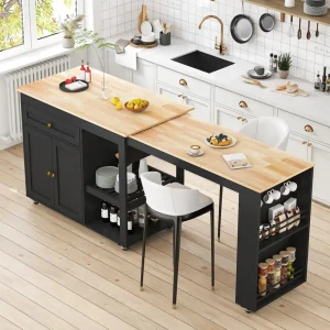 Rolling Kitchen Island with Extendable Dining Table