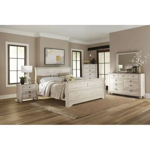 White Wash Finished Sleigh Bed Bedroom Set