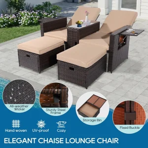 Outdoor Wicker Chaise Lounge with Table and Ottoman