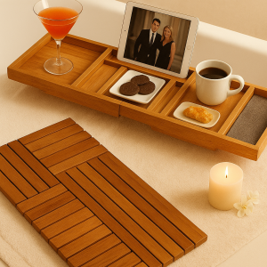 Teak Wood Bath Mat and Bamboo Bathtub Caddy Tray for Tub