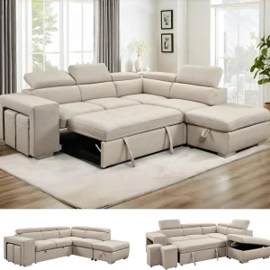 Sectional Sleeper Sofa Couch with Pull Out Bed and Storage Ottoman