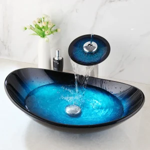 Tempered Glass Bathroom Vessel Sink with Waterfall Faucet