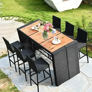 7 PCS Outdoor Wicker Furniture with Acacia Wood Bar Table