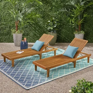 Outdoor Acacia Wood Chaise Lounge, Set of 2