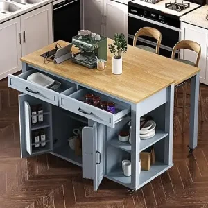 Kitchen Island on Wheels with Extendable Table & Power Outlet